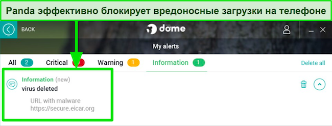 Снимок экрана, показывающий, как Panda обнаруживает вредоносное ПО