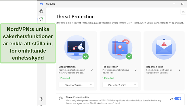 Skärmdump av NordVPN:s Windows-app, visar funktionen för hotskydd aktiverad