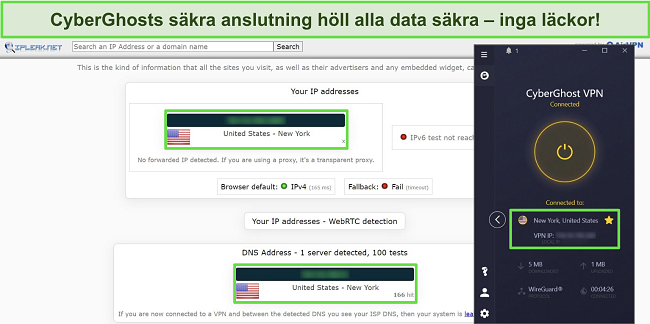 Skärmdump av IP-läckagetest med CyberGhost ansluten till en amerikansk server, visar inga data läckor