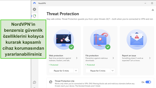 NordVPN'nin Windows uygulamasının ekran görüntüsü, Tehdit Koruma özelliğinin açık olduğunu gösteriyor