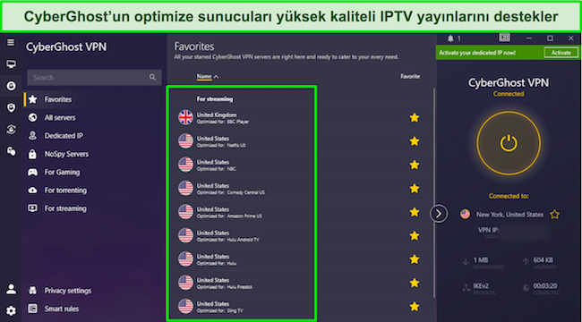 CyberGhost'un ABD ve İngiltere'deki IPTV hizmetleri için optimize edilmiş akış hizmetlerinin ekran görüntüsü