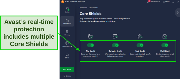 Avast multiple Core Shields real time protection screenshot