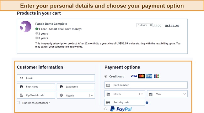 Screenshot showing Panda's subscription payment page