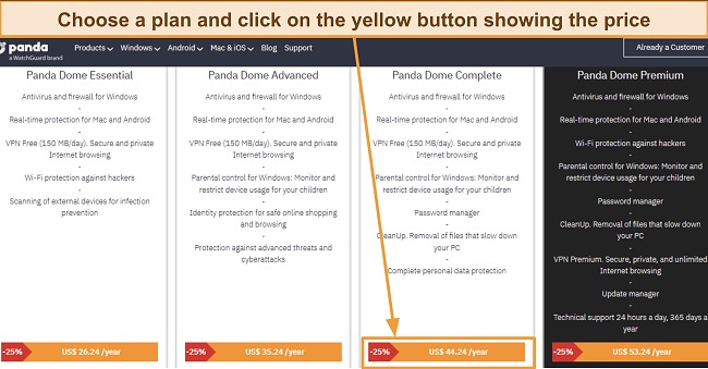 Screenshot showing Panda's pricing options