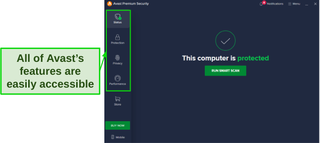 Avast features user interface screenshot