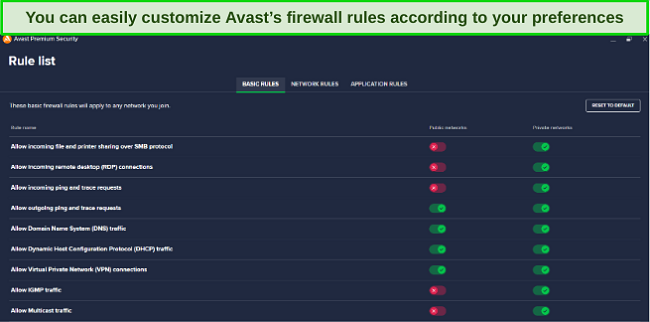 Avast firewall rules screenshot