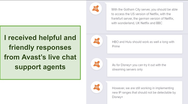 Screenshot of Avast live chat support