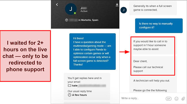 Screenshot of Panda live chat support
