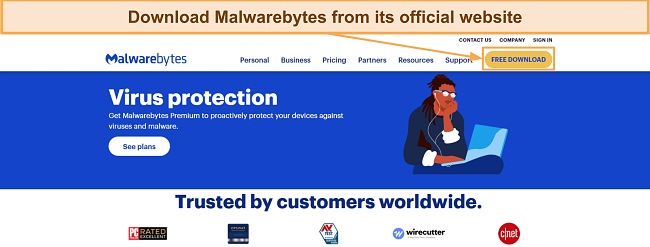 Screenshot showing how to download Malwarebytes' setup from its website