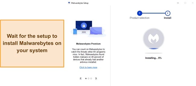Screenshot showing Malwarebytes' installation in progress on Windows