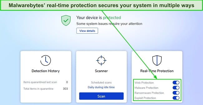 Screenshot showing Malwarebytes' real-time protection features