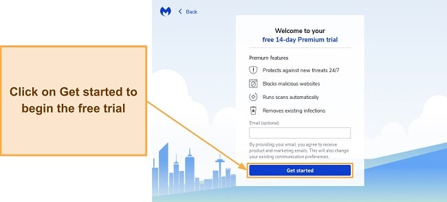 Screenshot showing how to start Malwarebytes' 14-day free trial