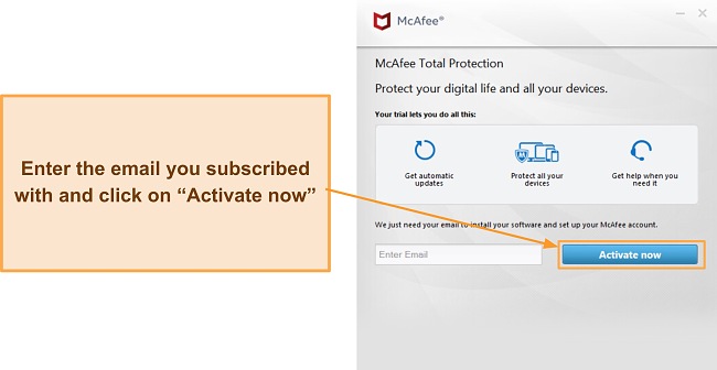 Screenshot showing how to activate McAfee's subscription
