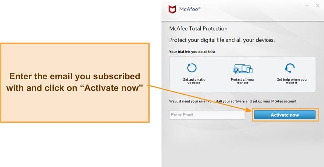 Screenshot showing how to activate McAfee's subscription