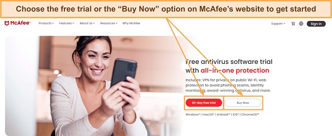 Screenshot showing the available subscription options on McAfee's website