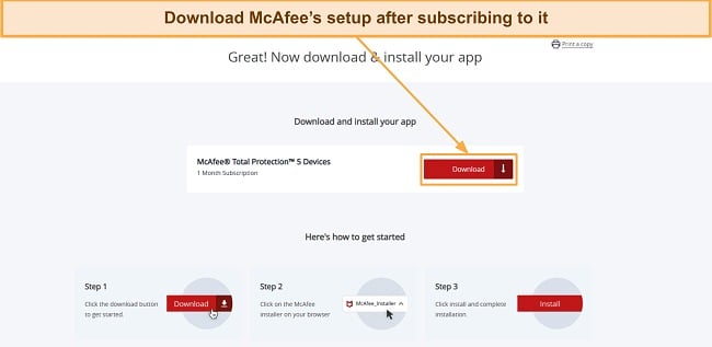 Screenshot showing how to download McAfee's setup