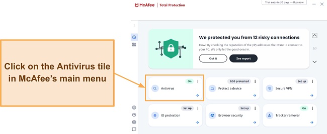 Screenshot showing how to access McAfee's scans