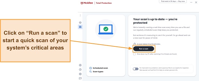 Screenshot showing how to start a scan using McAfee