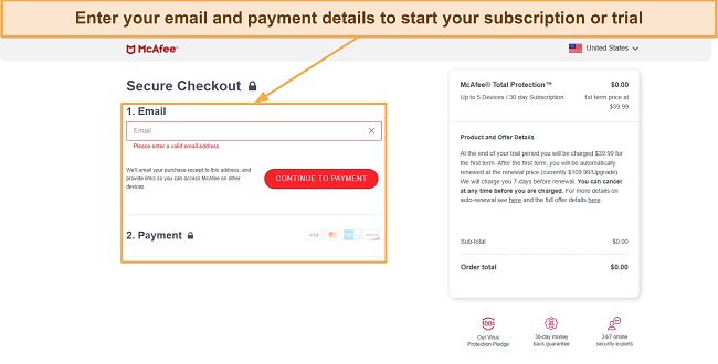 Screenshot showing how to subscribe to McAfee