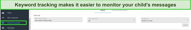 Parental control keyword tracking screenshot