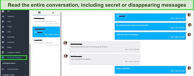 Parental control app read the entire conversation on Messenger screenshot