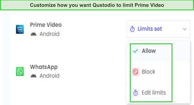 Qustodio limit setting for Prime Video screenshot