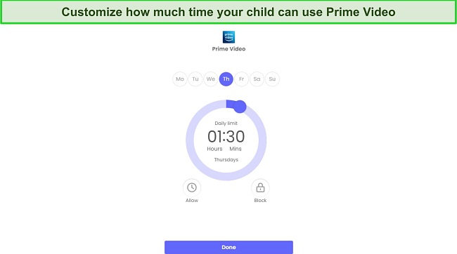 Qustodio screen time limits for Prime Video screenshot