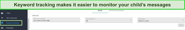 Parental controls on Facebook with keyword tracking screenshot