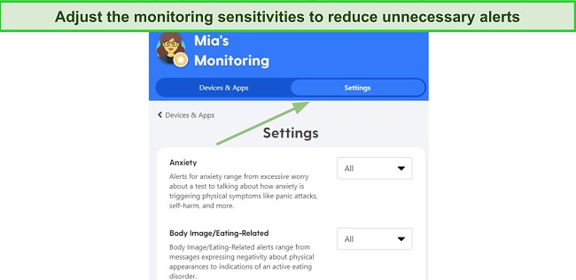 Adjust monitoring sensitivities screenshot