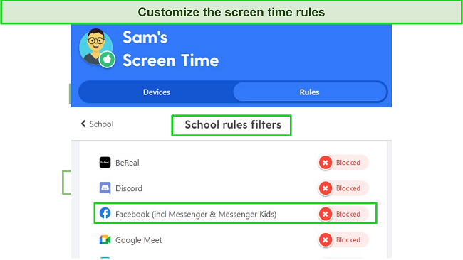 Customize the screen time rules screenshot