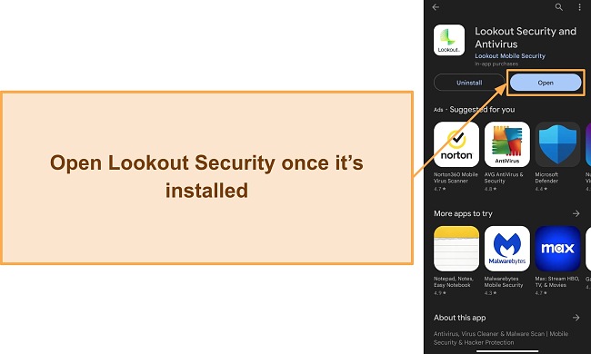 Screenshot showing how to open Lookout Security after installing it