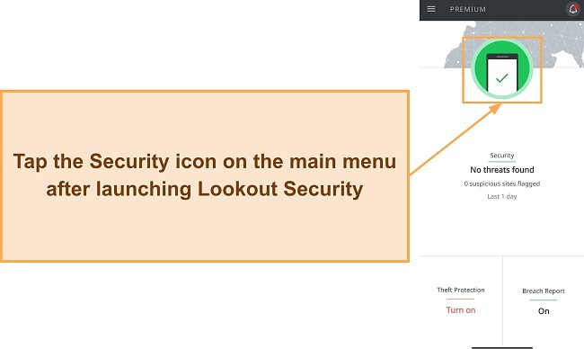 Screenshot showing how to access the scan menu in Lookout Security's Android app