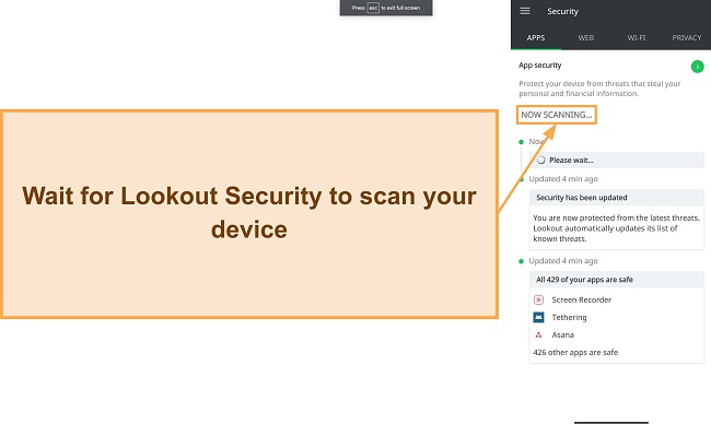 Screenshot showing Lookout Security's Android app scanning for viruses