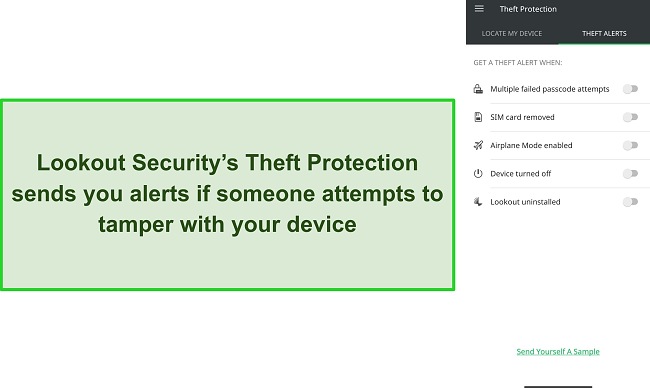 Screenshot showing the various theft alerts you can set up with Lookout Security