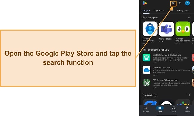 Screenshot showing how to use the search function on the Google Play Store