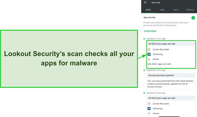 Screenshot showing the result of Lookout Security's virus scan