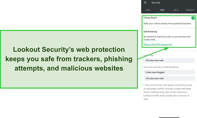 Screenshot showing the security features Lookout Security's web protection offers