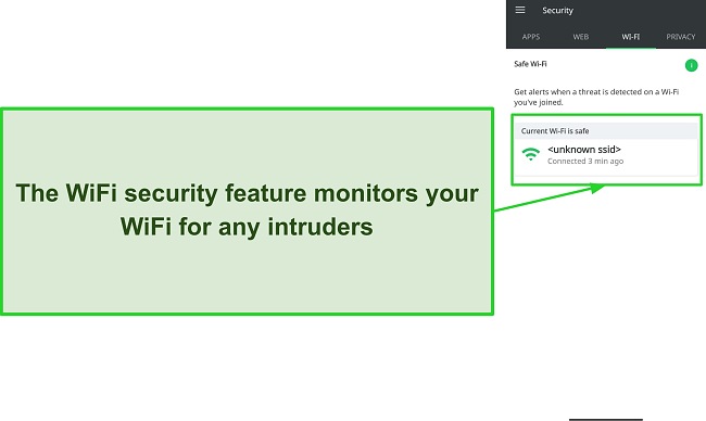 Screenshot of Lookout Security showing the current WiFi network as safe