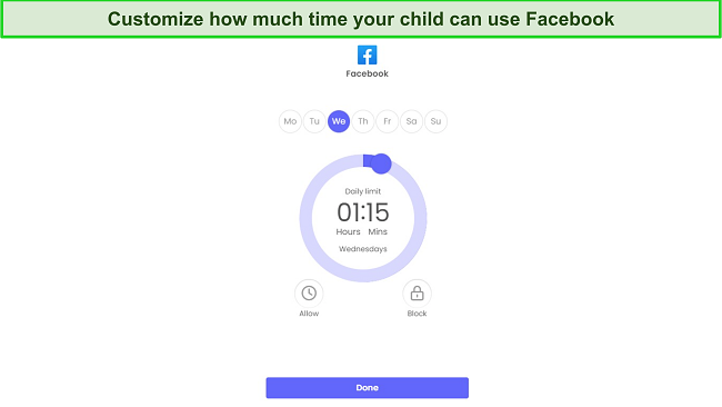 Parental controls on Facebook time control screenshot