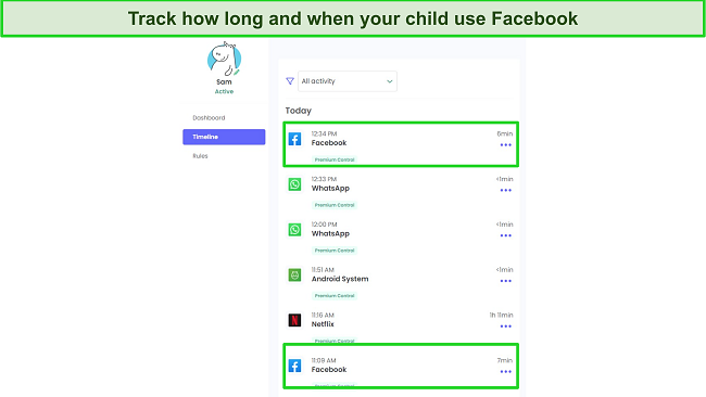 Parental controls on Facebook tracker screenshot
