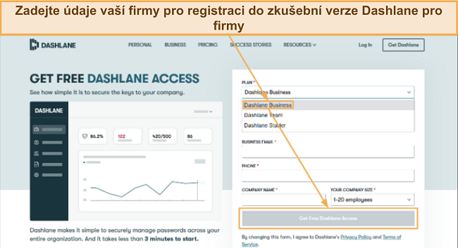 Snímek obrazovky ukazující registraci do zkušební verze Dashlane pro firmy