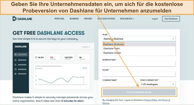 Screenshot, der zeigt, wie man sich für die kostenlose Probeversion von Dashlane für Unternehmen anmeldet