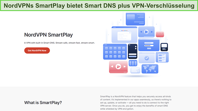 Bild von NordVPNs Webseite, das die SmartPlay-Funktion bewirbt und beschreibt