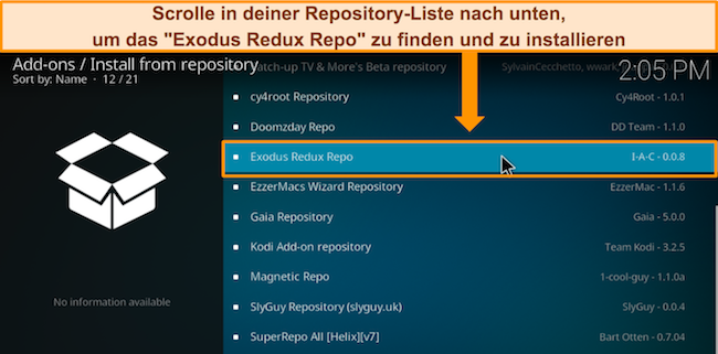 Bild des Kodi-Repository-Menüs, das den Benutzer anweist, das zu installierende Exodus Redux Repo aus dem Repository zu finden.