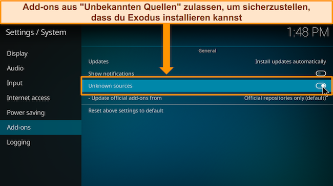 Bild des Menüs „Einstellungen/System“ von Kodi, in dem die Option „Unbekannte Quellen“ hervorgehoben ist und Benutzer aufgefordert werden, sie einzuschalten.