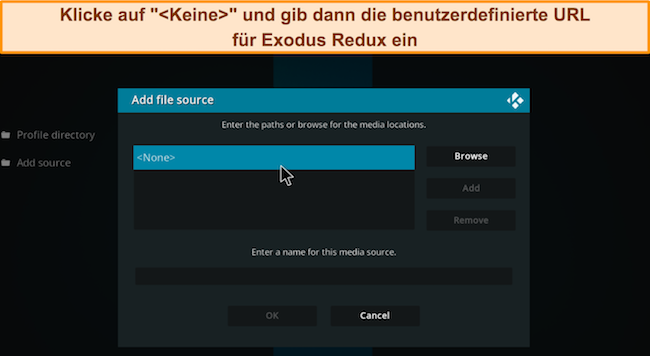 Bild der Kodi-Option „Quelle hinzufügen“, die Benutzer dazu auffordert, auf „Keine“ zu klicken, um eine benutzerdefinierte URL einzugeben.