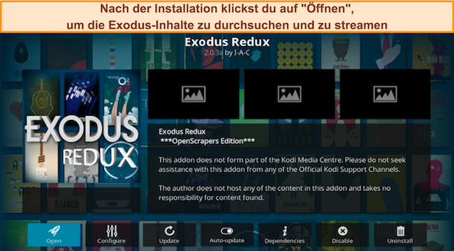 Screenshot des Exodus Redux Kodi-Add-ons, das nach der Installation einsatzbereit ist.