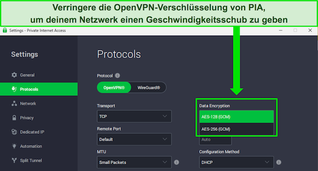 Bild der Windows-App von PIA, das das Protokollmenü zeigt und wie man die Verschlüsselungsstufen für das OpenVPN-Protokoll reduziert.