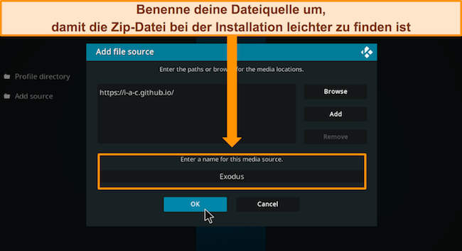 Screenshot des Dateimanagers von Kodi, der den Benutzer auffordert, einen einprägsamen Namen für die Quelldatei einzugeben, um den Zugriff bei der Installation zu erleichtern.