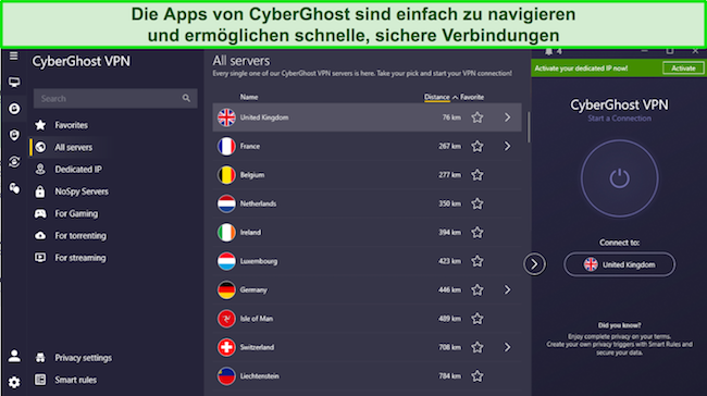 Bild der Windows-App von CyberGhost, das die Benutzeroberfläche der App zeigt, um deren Benutzerfreundlichkeit hervorzuheben.